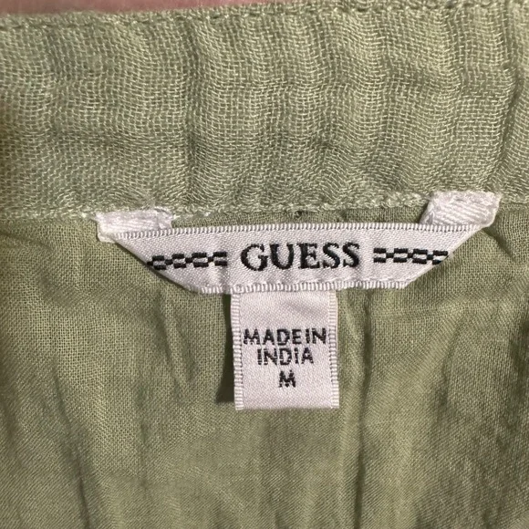 GUESS Green Lace Trim Button Front Midi Dress Belted Long Sleeve Boho Size M - Picture 6 of 6